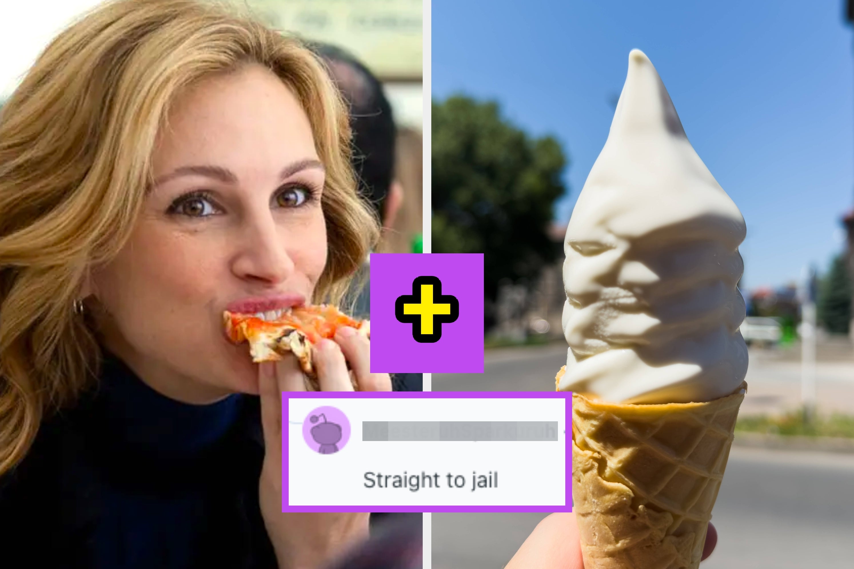 Person eating pizza slice plus image of soft serve ice cream. Text below reads, "Straight to jail."