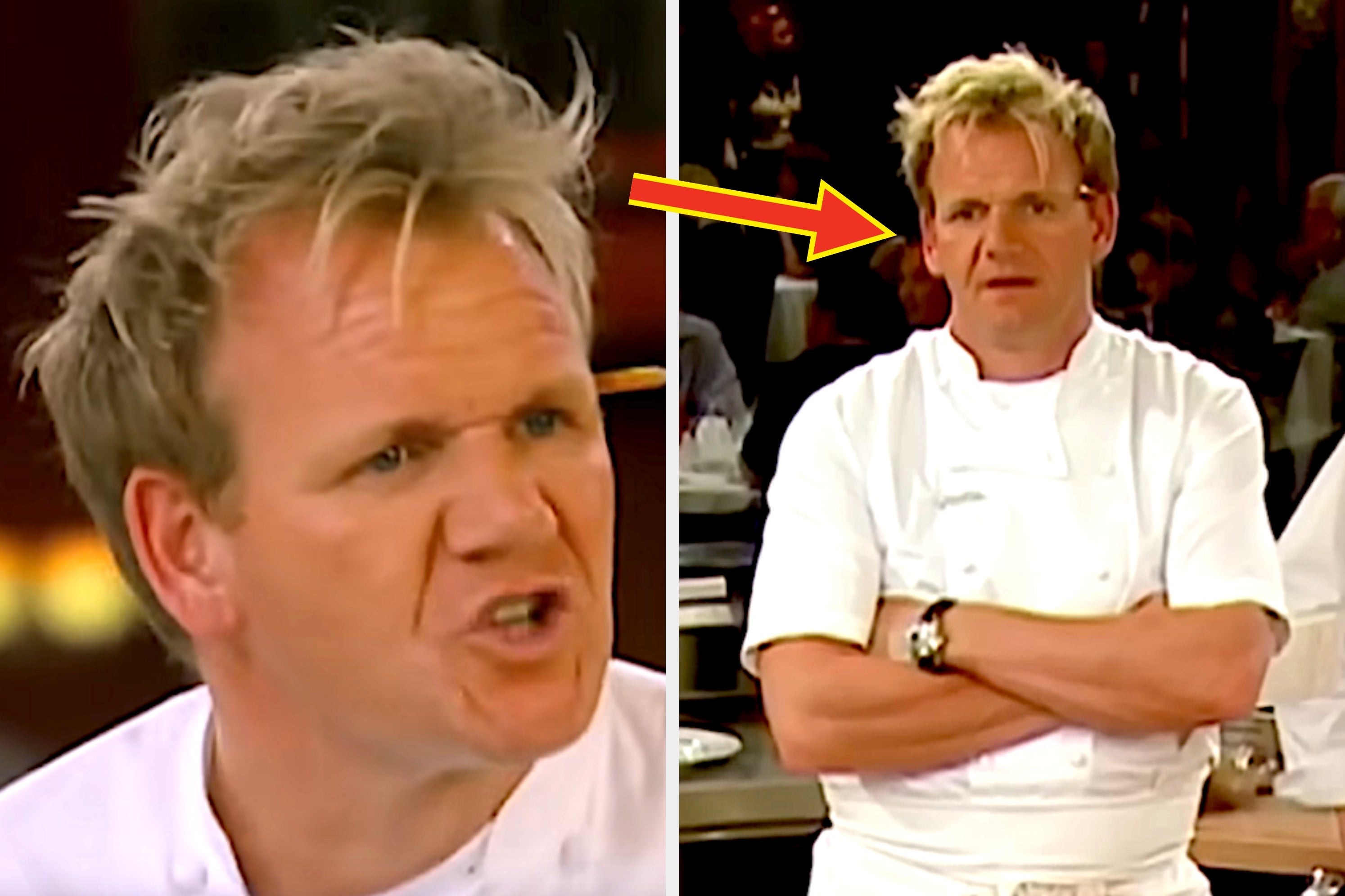 Chef with messy hair in a kitchen, expressing frustration with arms crossed; likely in a culinary competition or cooking show setting