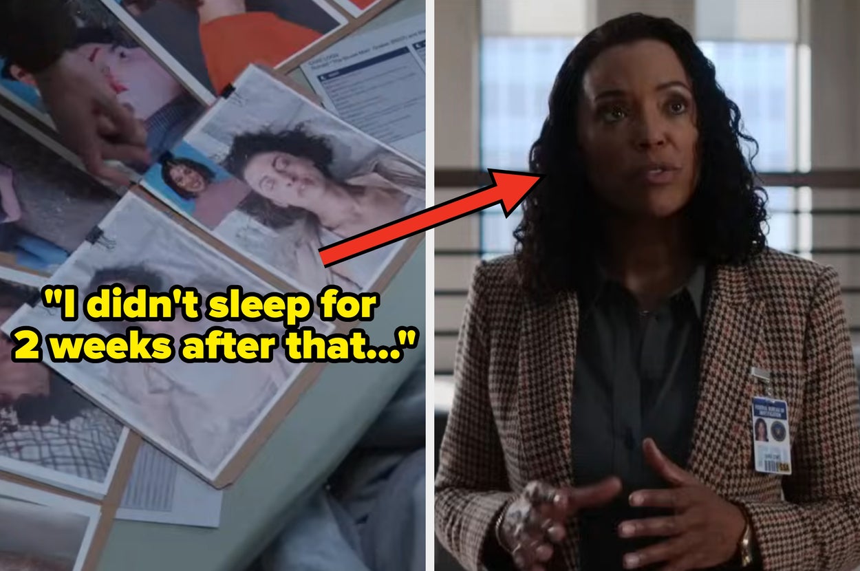 Split image: Left shows a desk with photos and files. Right shows a person in professional attire speaking. Red arrow points between them. Text: "i had to report every meaningful interaction with someone who wasn't American"