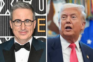 Two men in formal attire. One wears glasses and a bow tie; the other has no glasses and an open mouth