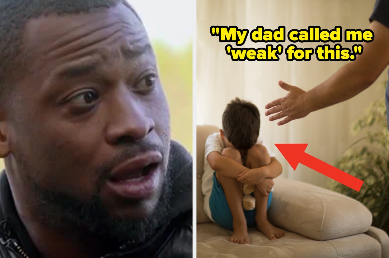 A man shocked alongside an image of a child sitting with head down while being scolded with text overlay: "My dad called me 'weak' for this"