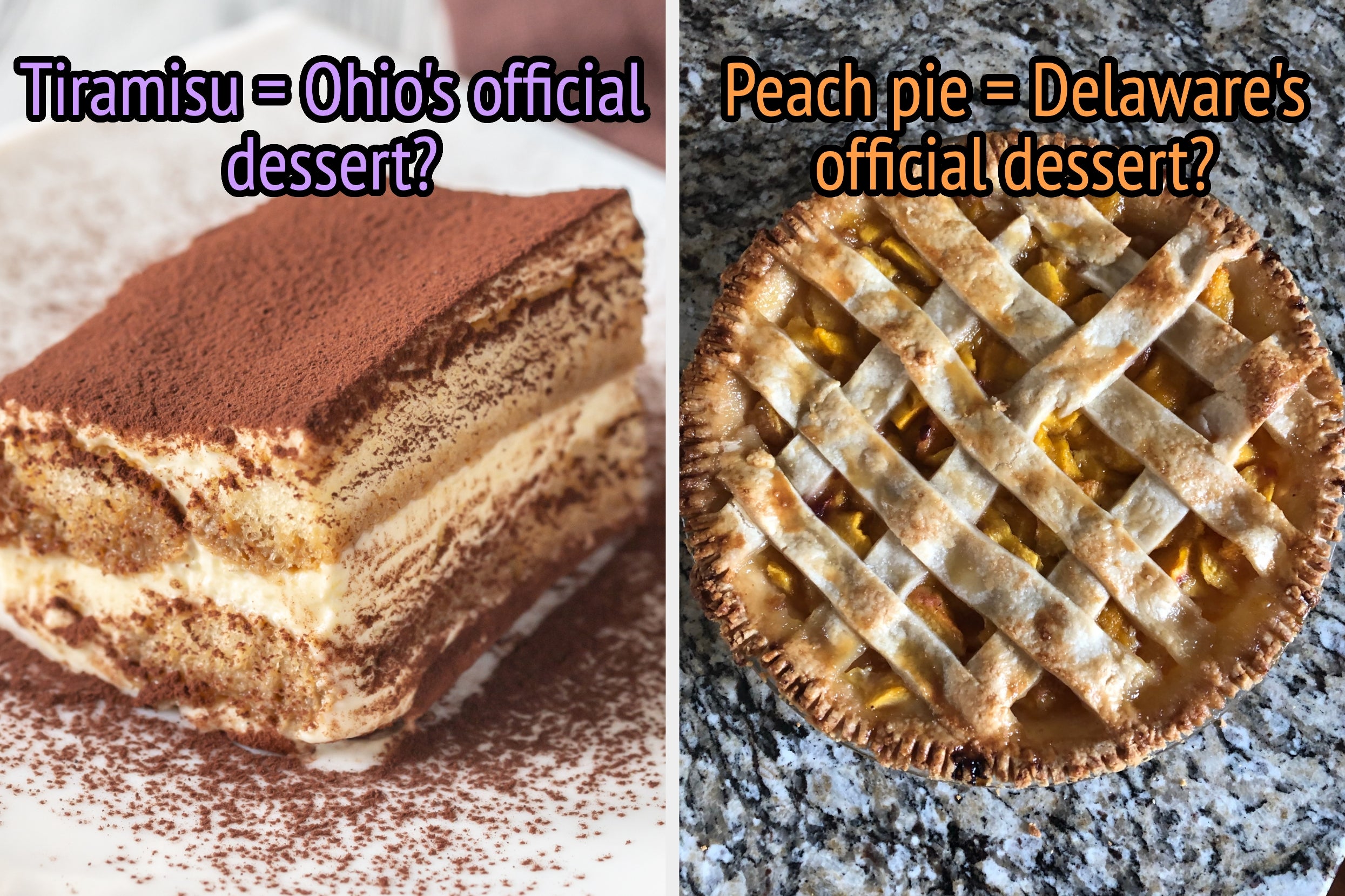 On the left, a slice of tiramisu labeled tiramisu equals Ohio's official dessert, and on the right, a peach pie labeled peach pie equals Delaware's official dessert