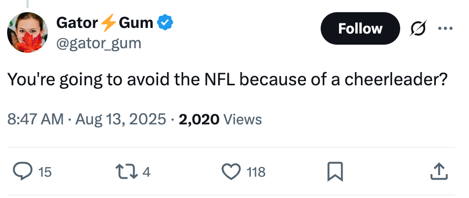 Tweet questioning the decision to avoid the NFL due to a cheerleader, with 2,020 views and engagement statistics shown