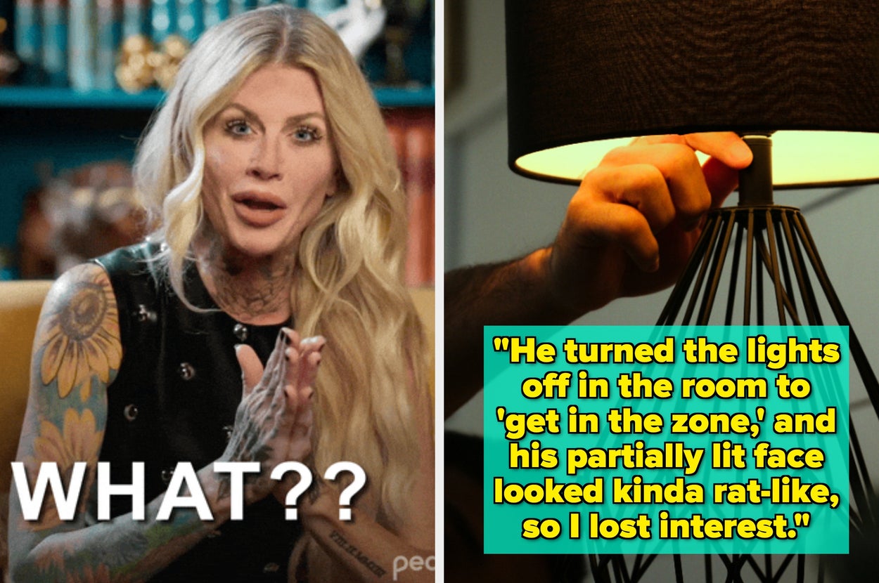 Person with tattoos looks surprised; text next to them relates a humorous dating anecdote about a partner's unusual lighting preference