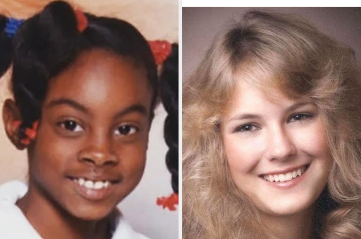 Two childhood portraits side by side; a young girl with braids and a young girl with wavy hair smiling
