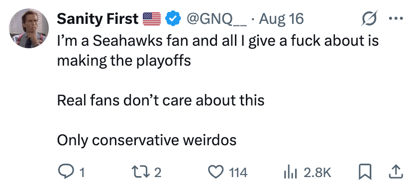 Tweet expresses a Seahawks fan's priority on making the playoffs, dismissing concerns of "conservative weirdos."