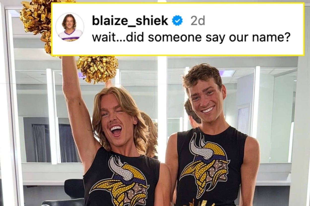 Two people in matching outfits with a sports team logo cheerfully raising pom-poms. Text overlay: "wait...did someone say our name?"