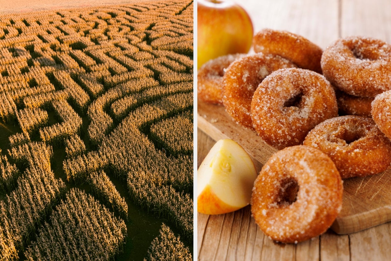 Aerial view of a corn maze next to a wooden board with sugar-coated donuts and apple slices