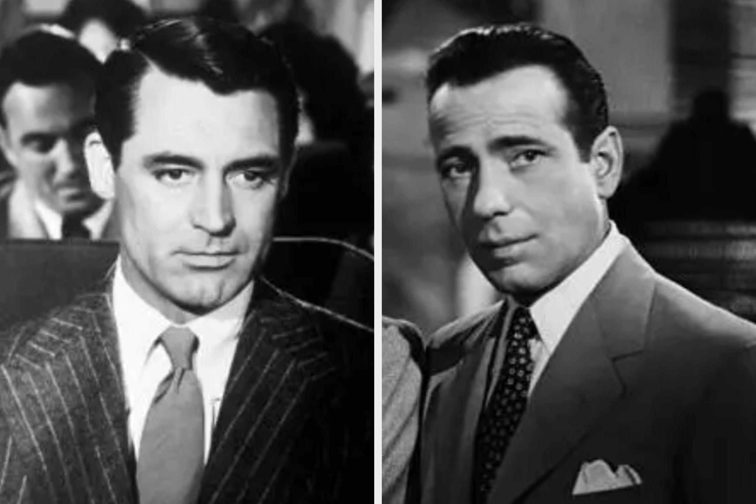 Two men in classic suits from a vintage film. They have slicked-back hair and serious expressions