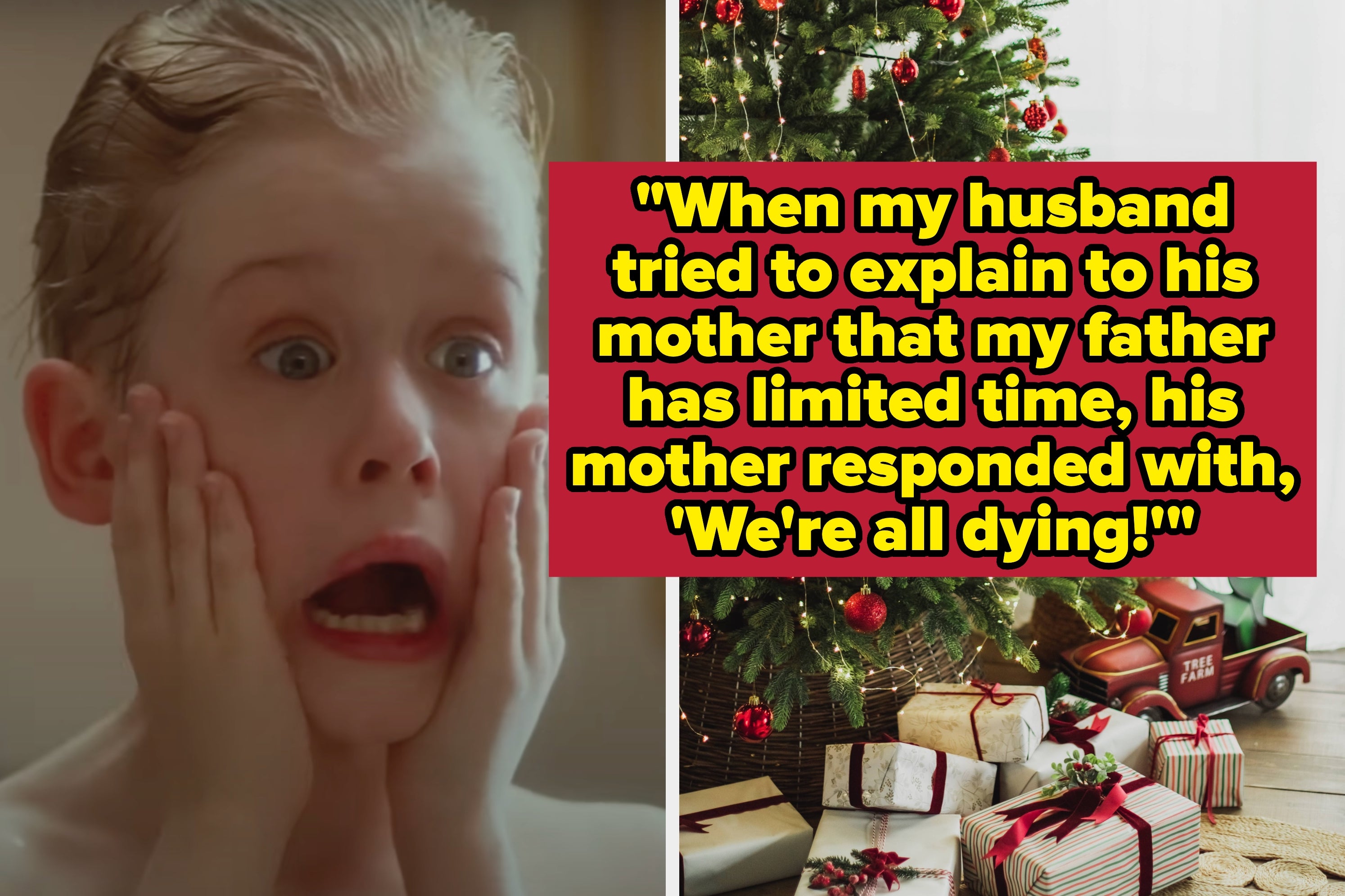 Child from a famous holiday movie holds face in surprise; text beside discusses in-law's response to a serious family health issue