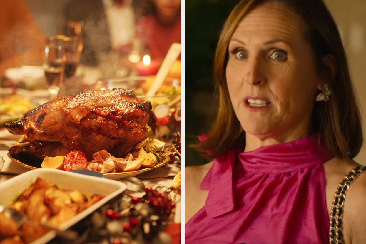Woman in elegant sleeveless dress next to a festive dinner table with a roasted turkey, candles, and side dishes