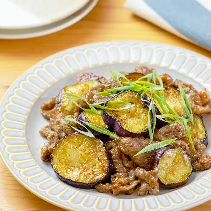 ナスと牛肉の炒め物が皿に盛られている料理。上にねぎが添えてある。