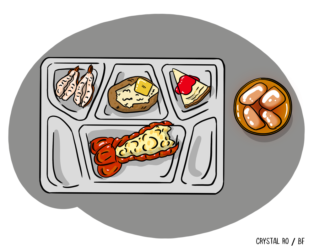 Cafeteria tray with lobster tail, baked potato, shrimp, cheesecake with cherry topping, and a side of baked beans