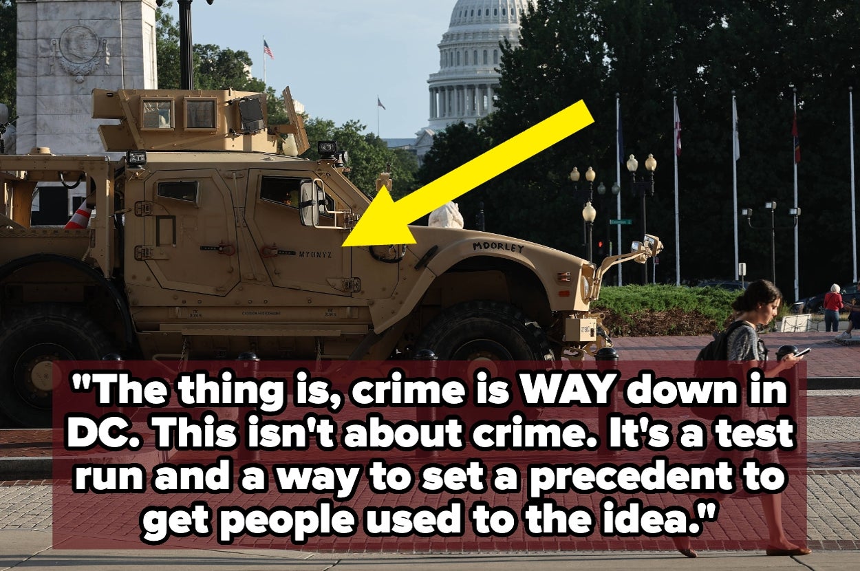 A military vehicle with a yellow arrow pointing at it is parked near the Capitol. A person nearby is using a phone. Text reads about crime being down in DC