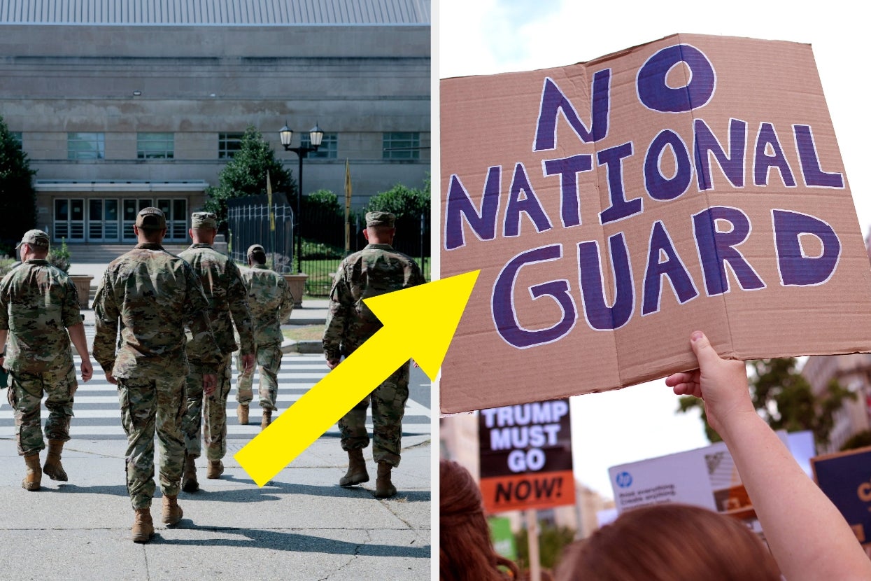Soldiers walking towards a building; hand-held sign reads, "No National Guard," amidst protest signs