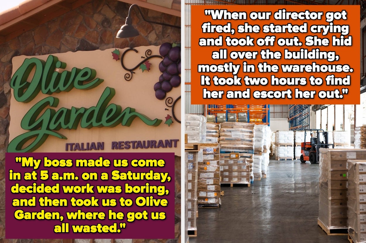 Split image: Left shows "Olive Garden" sign with story of a boss outing to get employees drunk. Right shows warehouse with story of a director hiding after being fired