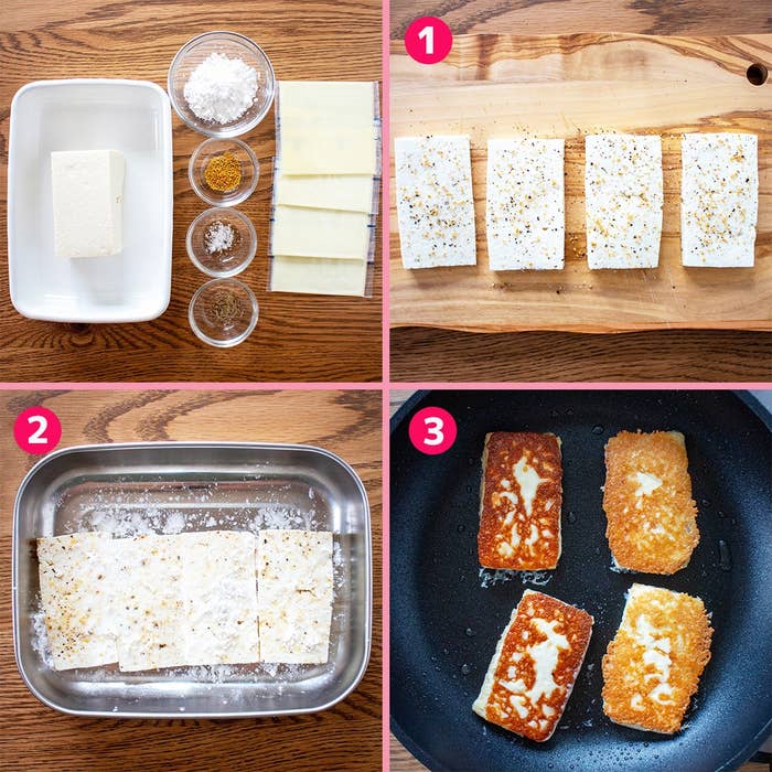厚揚げ豆腐の作り方を示す4ステップ。豆腐を調味料で味付けし、衣をつけて焼く。