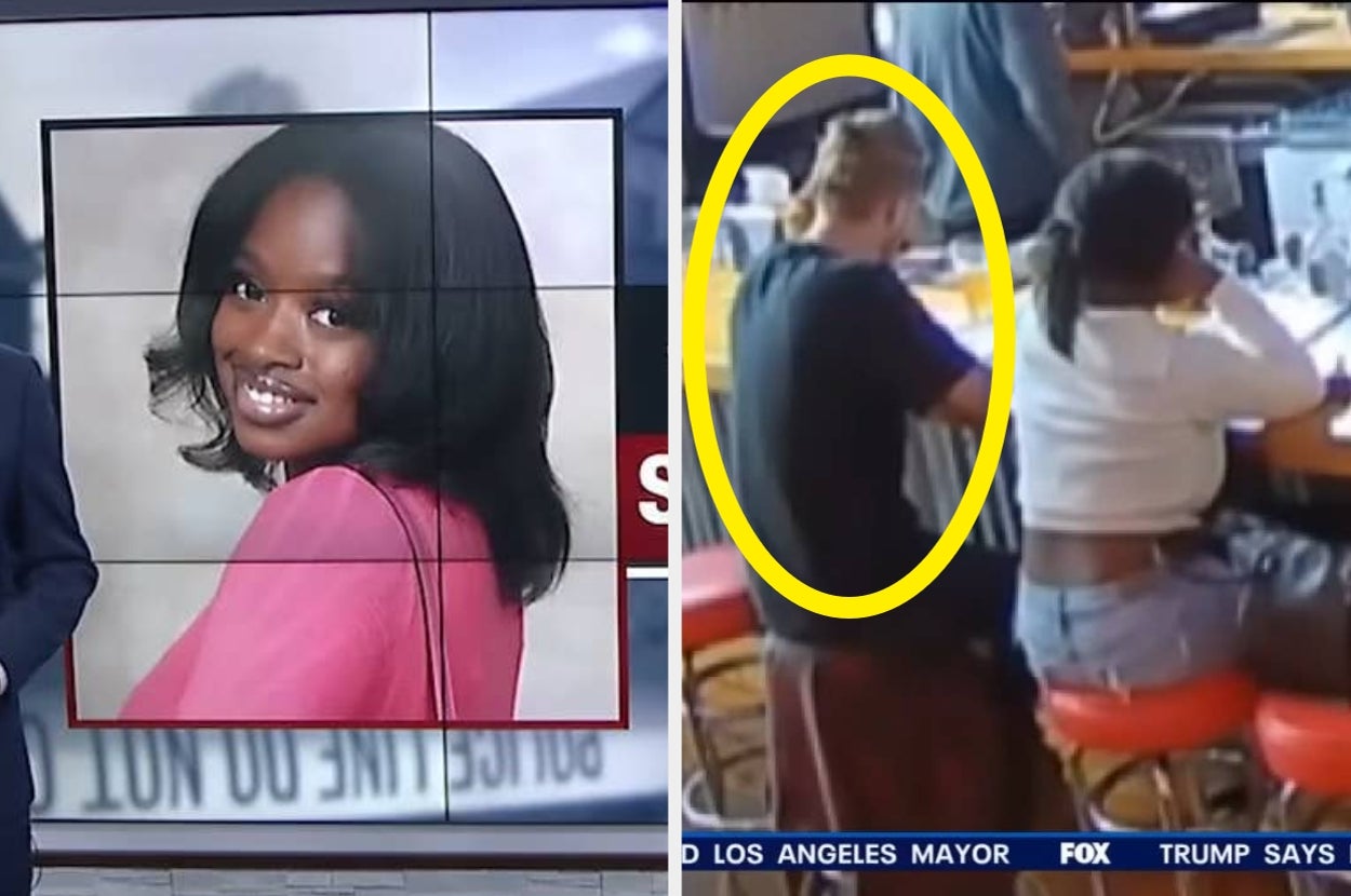 News report split screen: left shows a woman's portrait; right, a surveillance image with two people seated at a counter, one circled in yellow