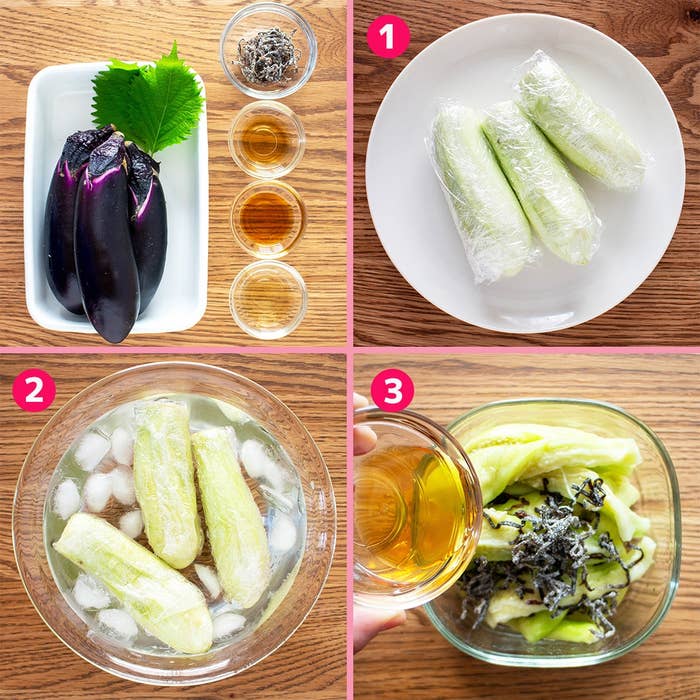 調理過程の写真。茄子や調味料、冷やされたキュウリを使った手順画像。キュウリはラップで包み冷凍後、調味料と和える。