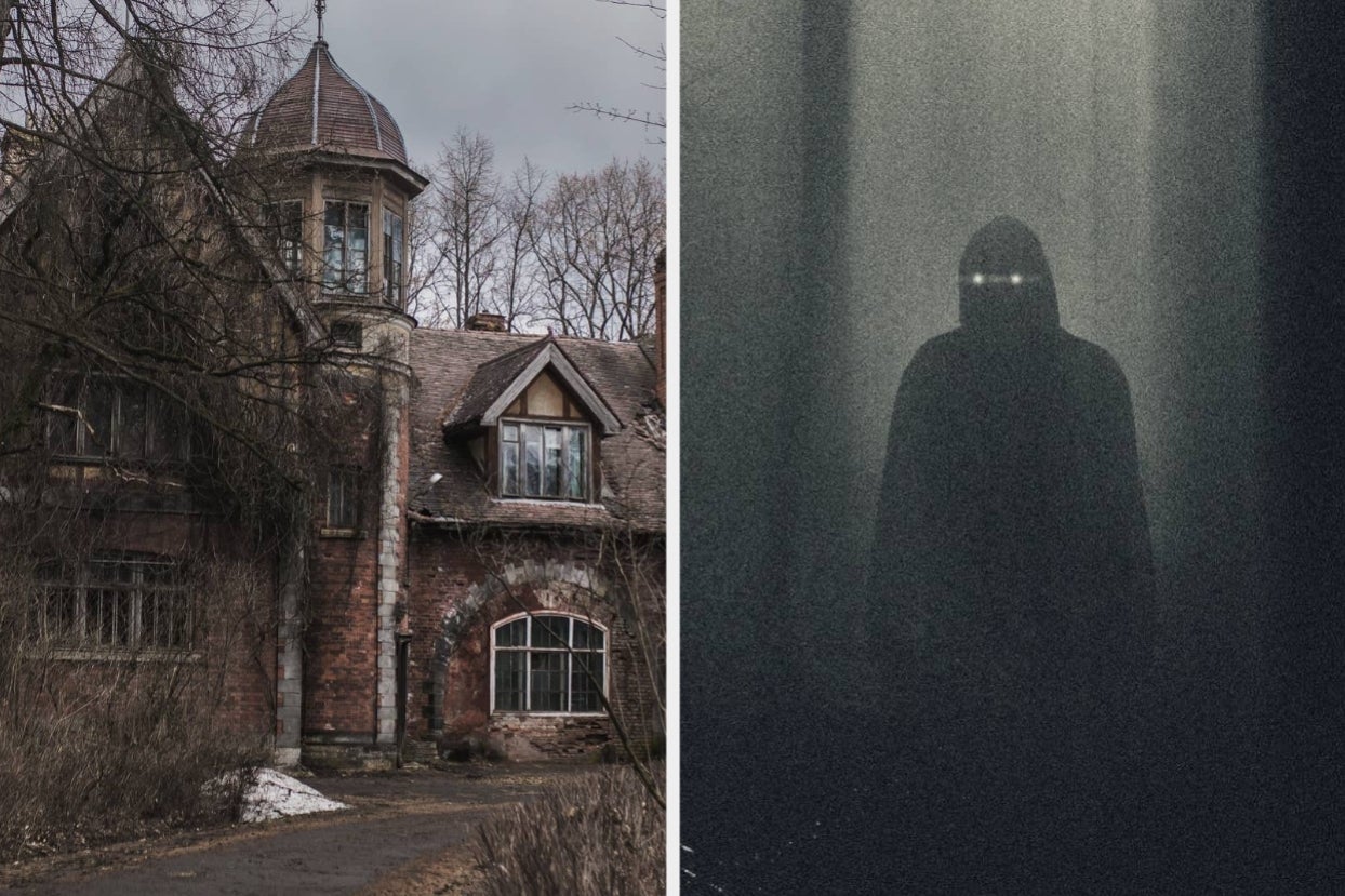 Left: An old, abandoned mansion with a gothic design. Right: A shadowy figure with glowing eyes in a dimly lit space