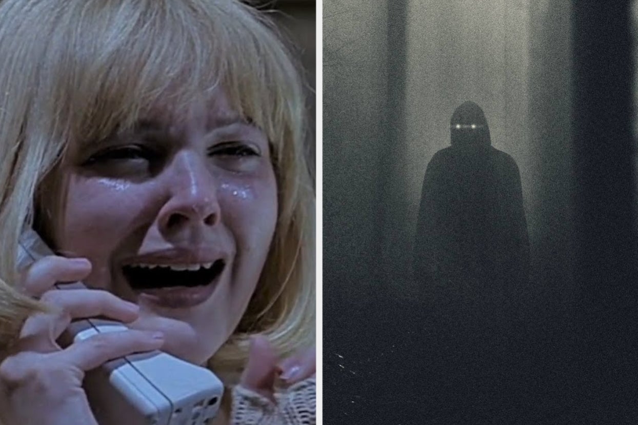 Split image: Left shows a person holding a phone with a scared expression; right depicts a mysterious hooded figure in a dark, foggy setting