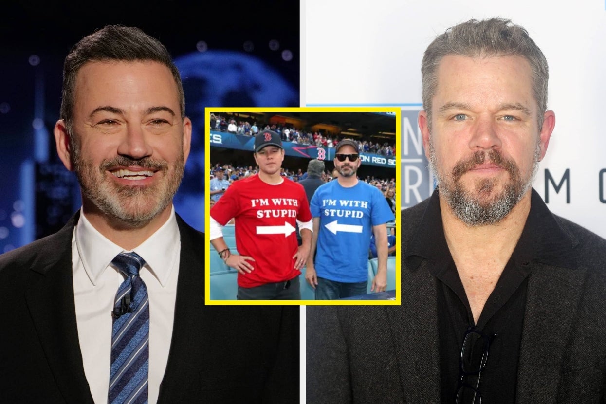 Two men pose at an event; left in a suit, right in a casual topcoat. Inset shows both wearing T-shirts with "I'm With Stupid" pointing at each other