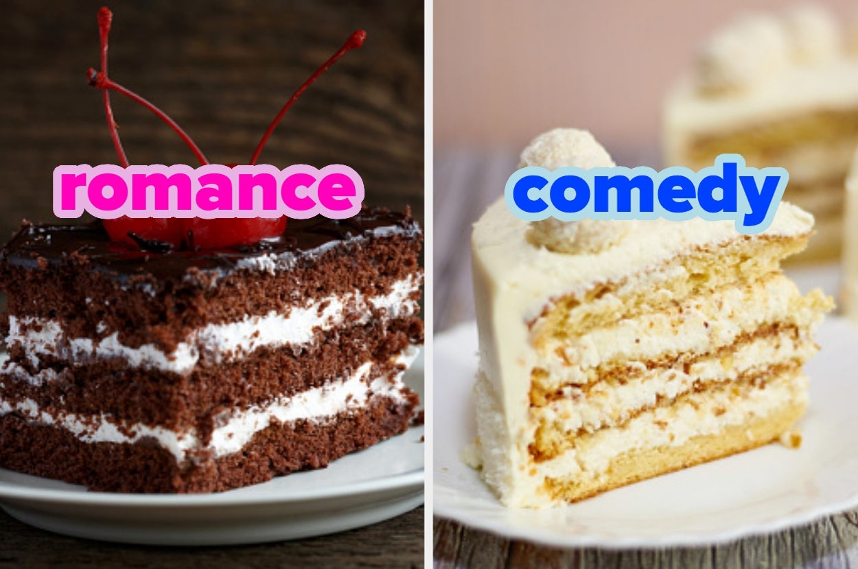 Two cakes side by side: one chocolate cake labeled "romance" with cherries, and one vanilla cake labeled "comedy."