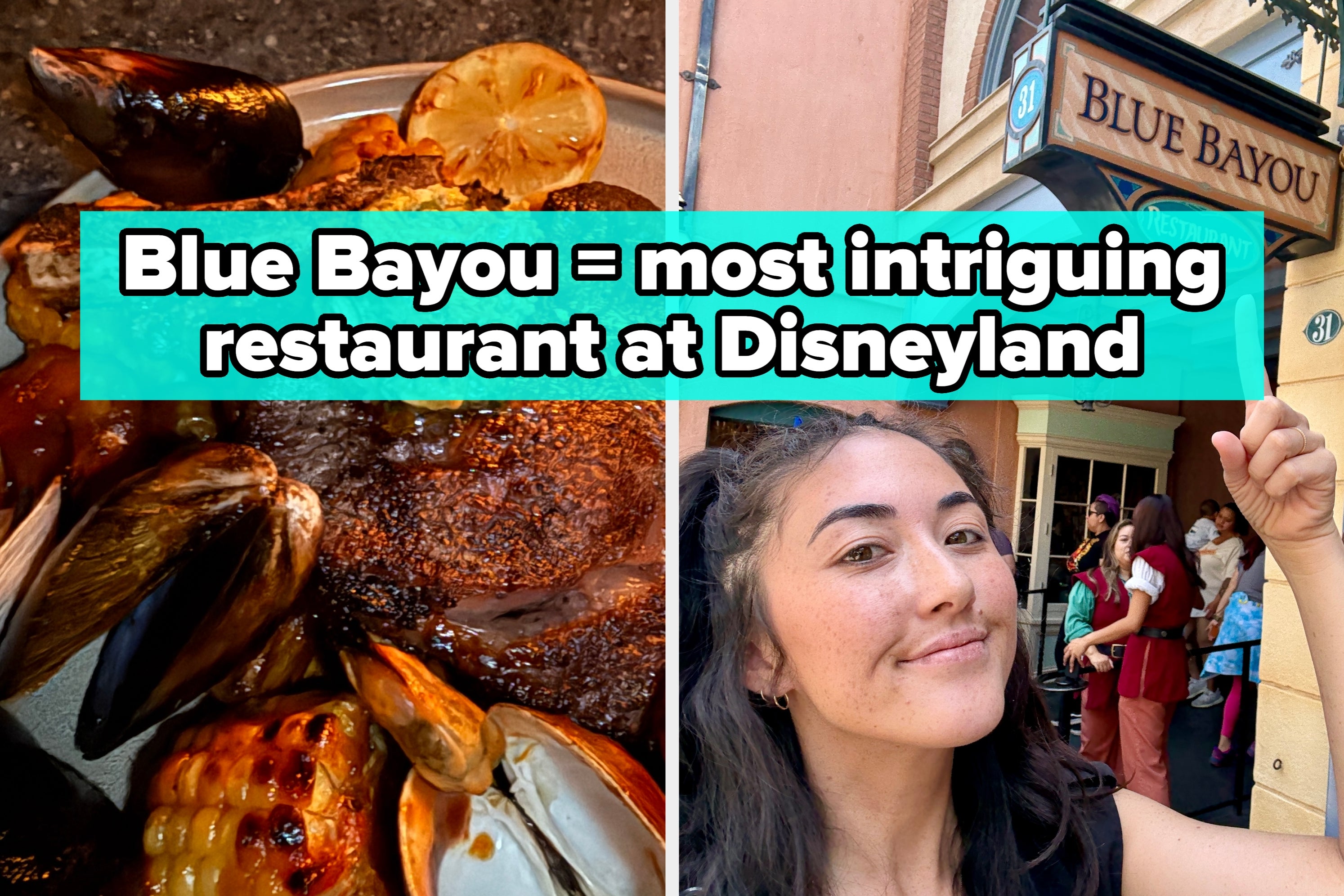 Woman poses in front of Blue Bayou restaurant sign at Disneyland; plate of seafood and corn on the cob in the foreground