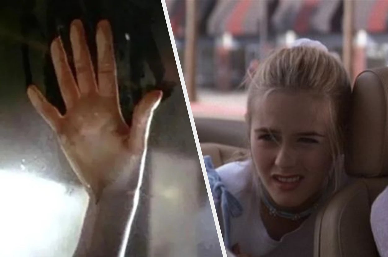 Iconic movie scenes: A steamy handprint on car glass and a person looking surprised or confused inside a car