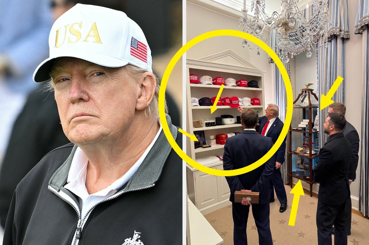 Man in a "USA" cap on the left; on the right, people looking at shelves filled with merchandise, including hats