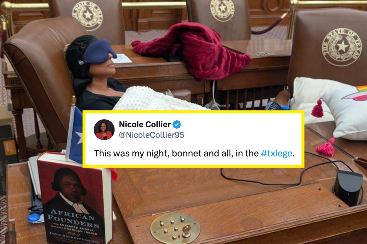 Person resting with a sleep mask in a legislative chamber; a book titled "African Founders" and a Texas flag-themed pillow are on the desk