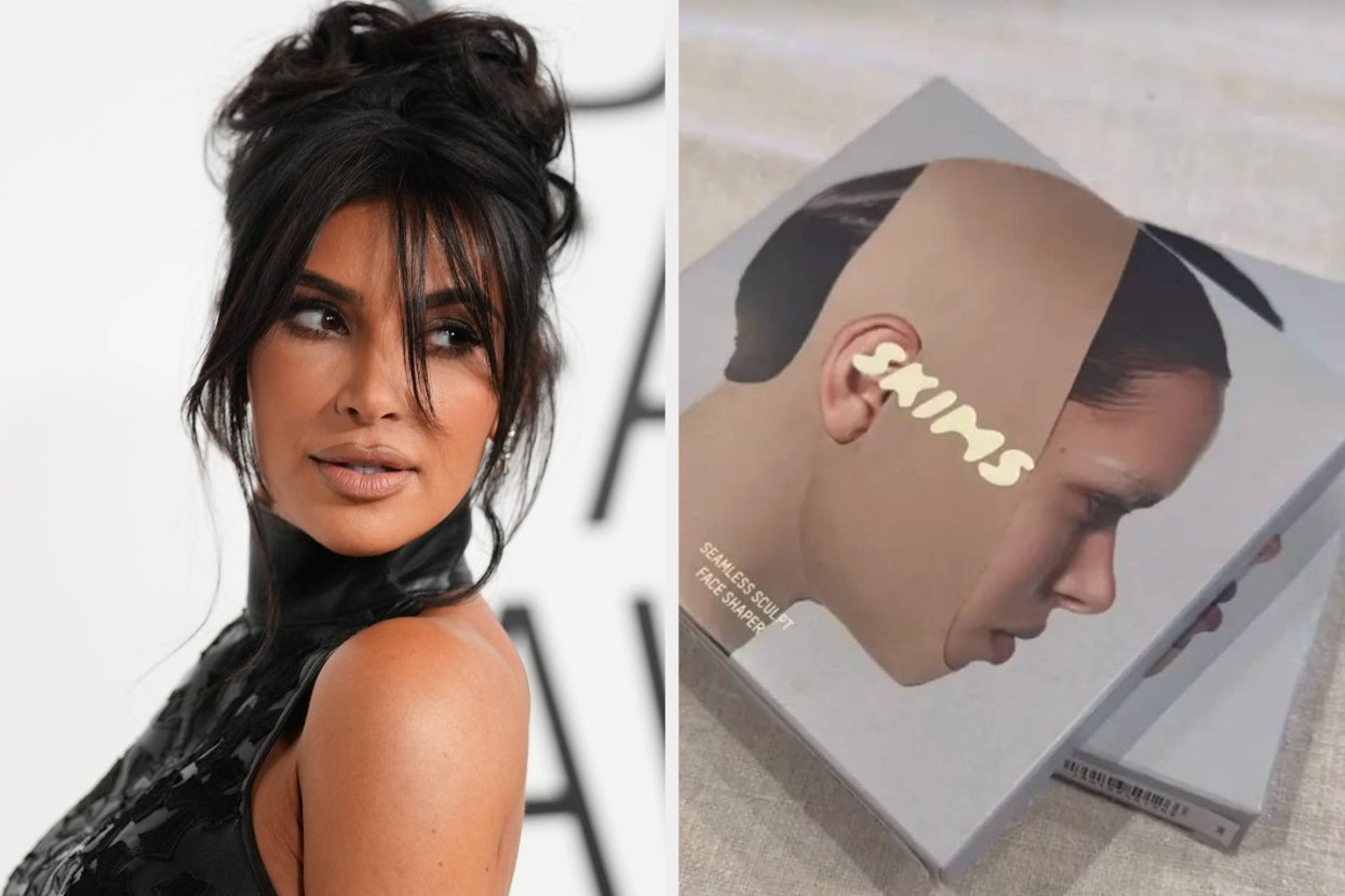 Left: Kim Kardashian at a formal event. Right: Skims face wrap packaged