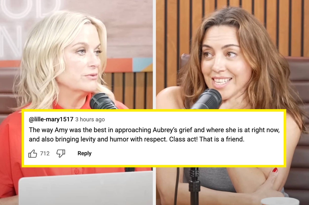 Aubrey Plaza and Amy Poehler talking on a podcast, with a comment highlighting how Amy is a true friend