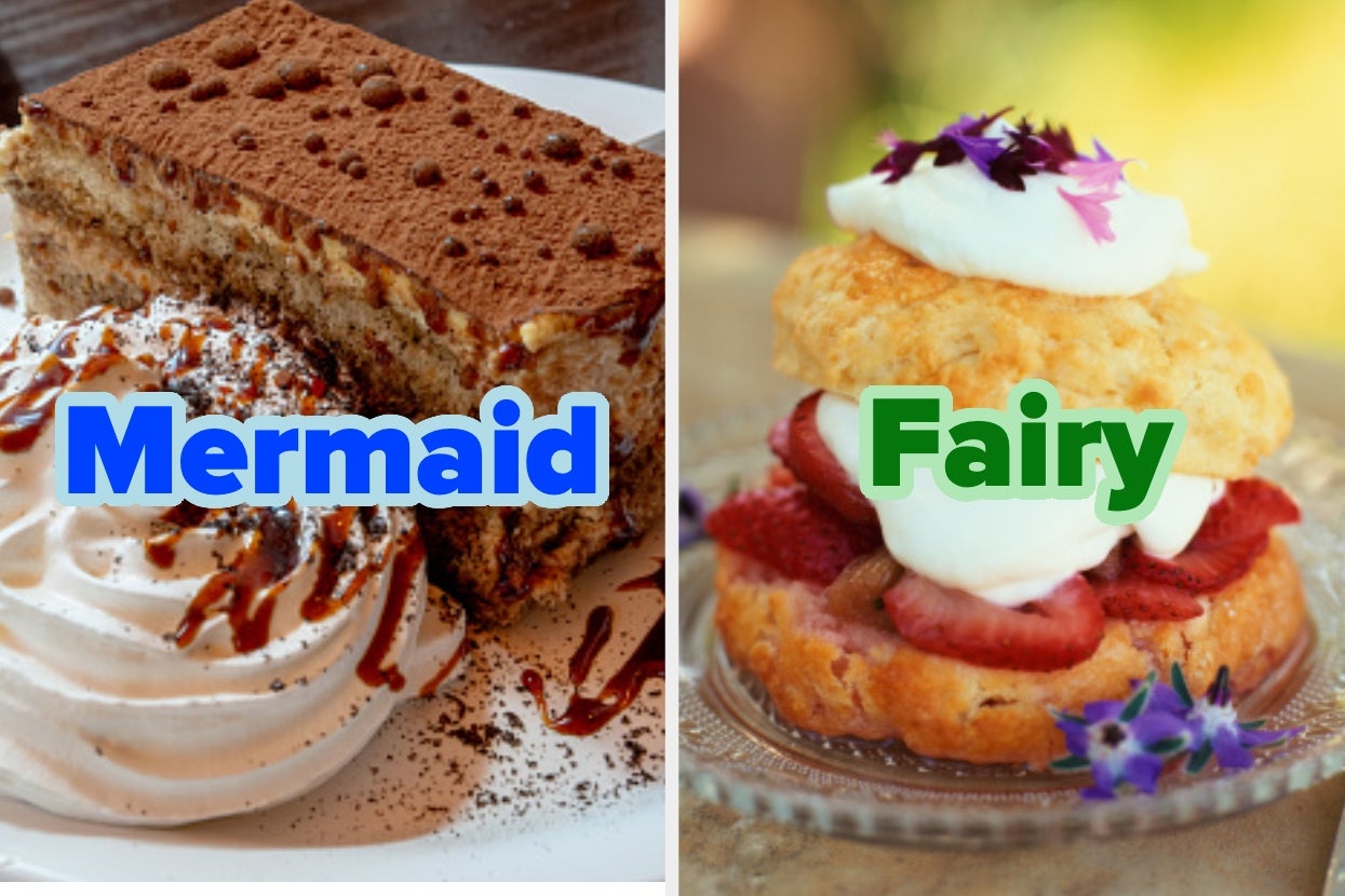 Two desserts labeled "Mermaid" and "Fairy" with whipped cream and decorative toppings