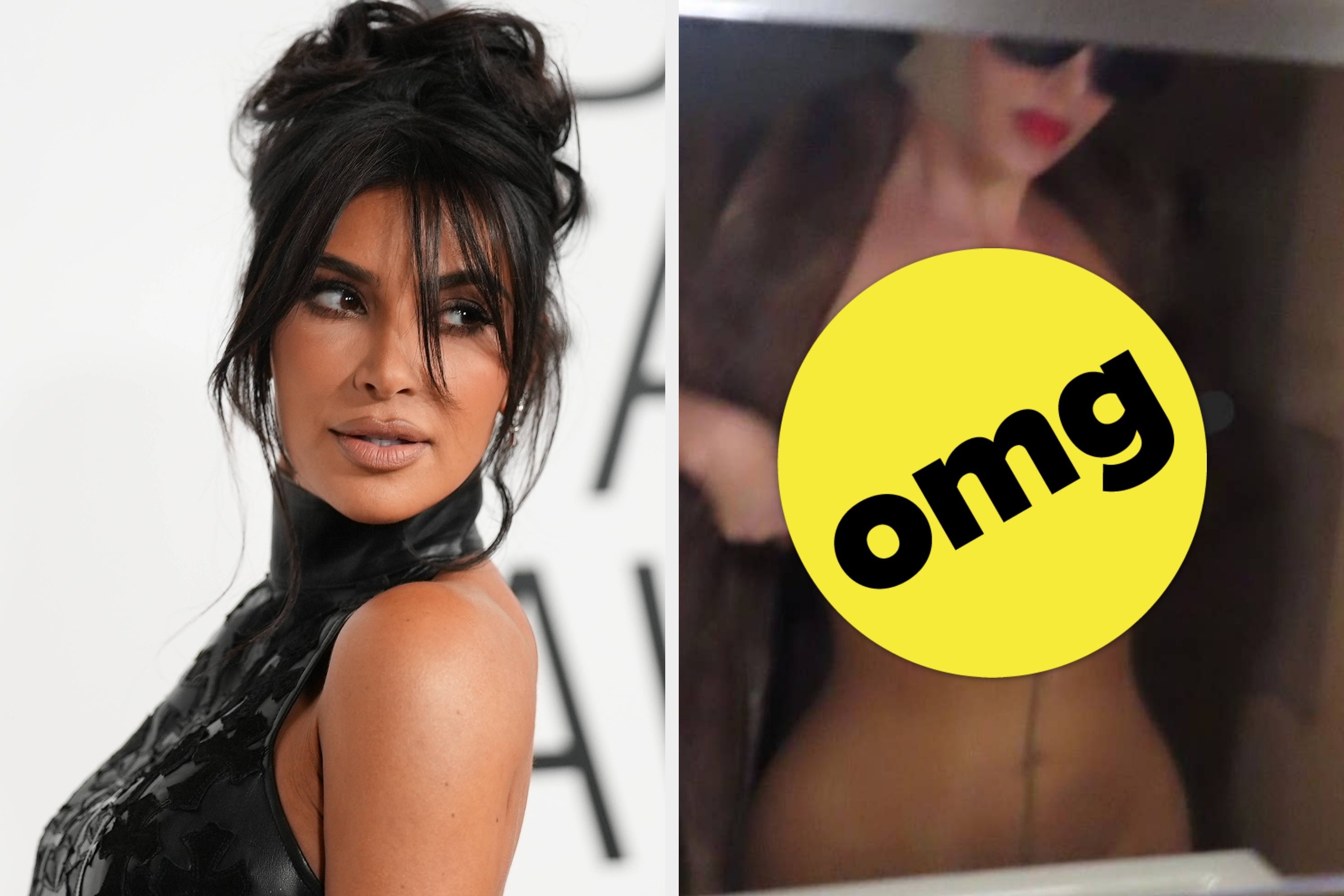 Left: Kim Kardashian at a formal event. Right: Censored image of Kim in a risqué outfit