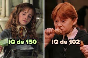 Escena de película: niña concentrada preparando poción, niño comiendo. Texto: "IQ de 150" y "IQ de 102"