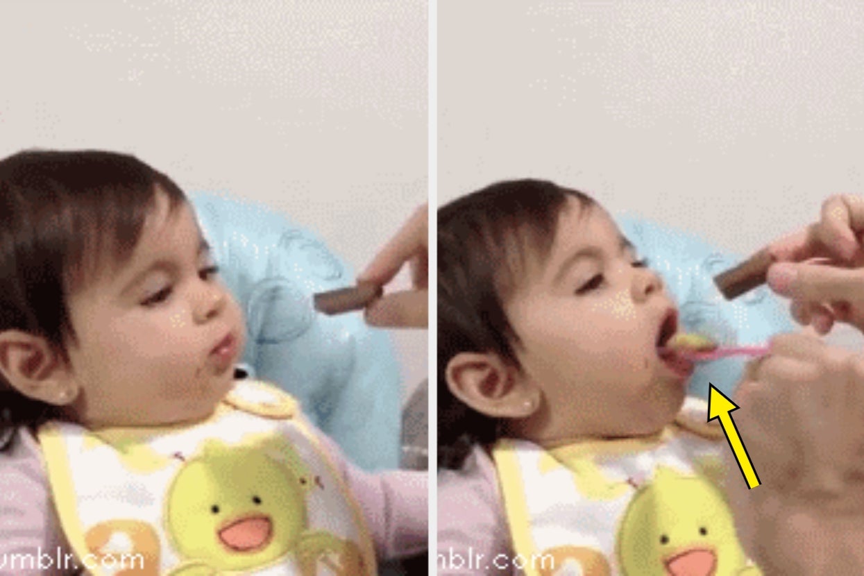 Split image of a toddler in a bib eagerly choosing chocolate over a spoonful of food, indicated by a yellow arrow