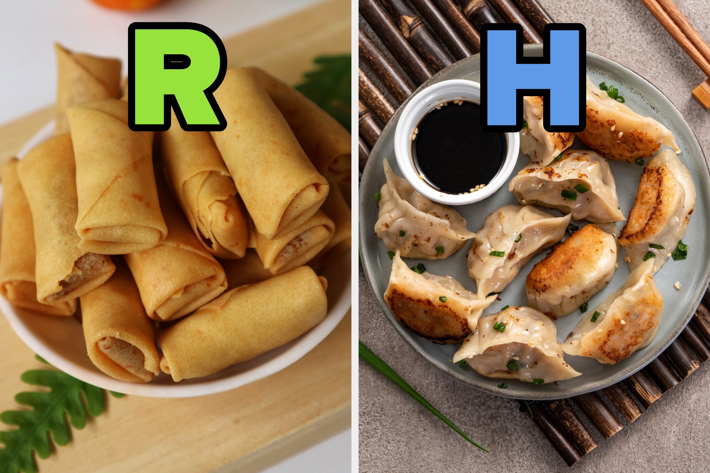 On the left, lumpia on a plate labeled R, and on the right, a plate with pan-fried gyoza and a side dipping sauce labeled H