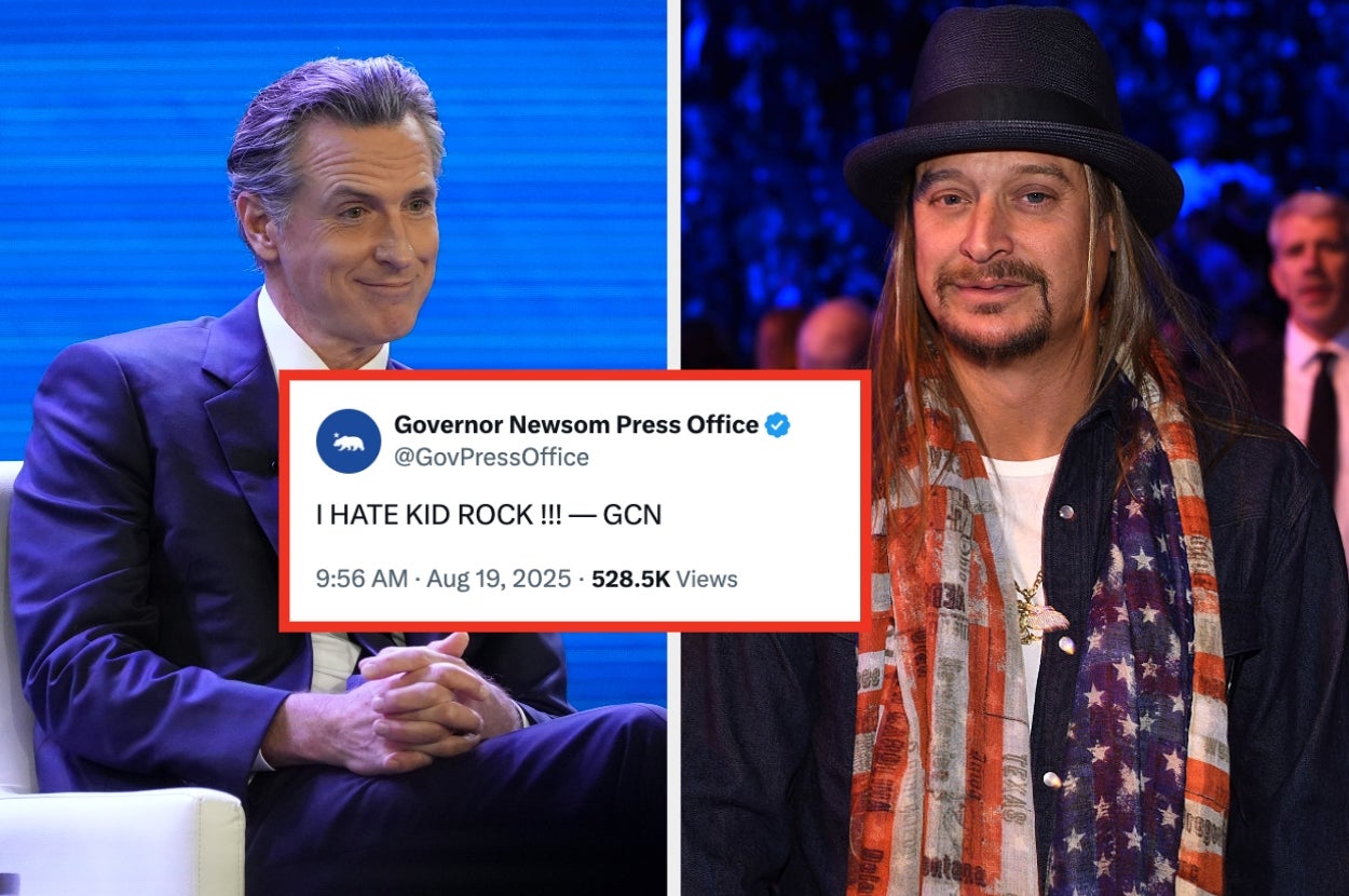 Split image: Left, sitting politician in suit; right, musician in hat and scarf. Center overlay: fake tweet from "Governor Newsom Press Office" saying "I HATE KID ROCK."
