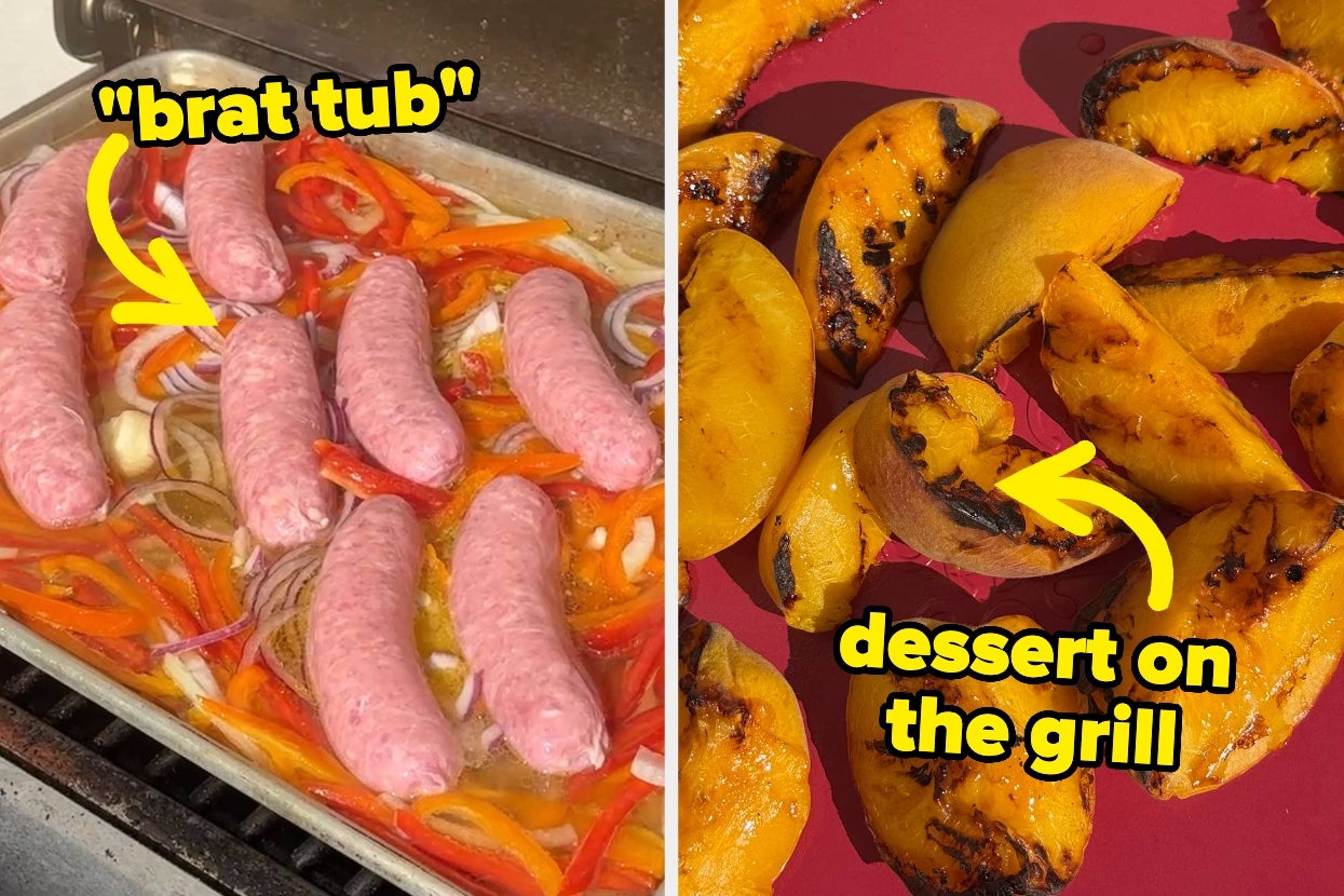 On the left, bratwurst sausages with onions and peppers in a pan; on the right, grilled peaches labeled as "dessert on the grill."