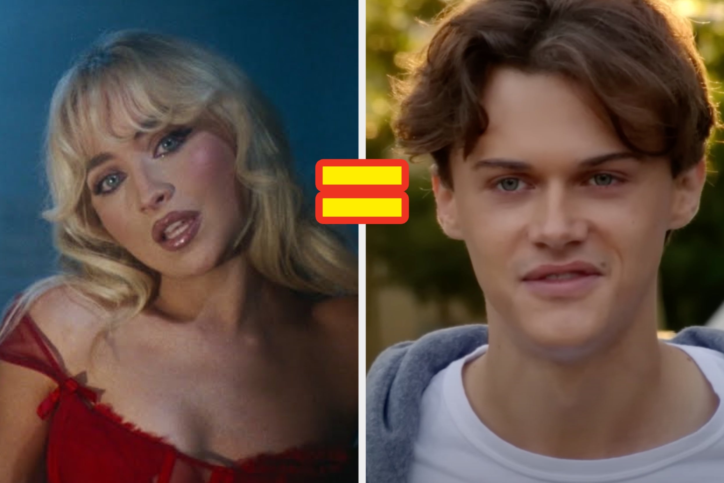Split image: Left shows a woman with wavy hair in a stylish top; right shows a young man in a casual shirt and hoodie