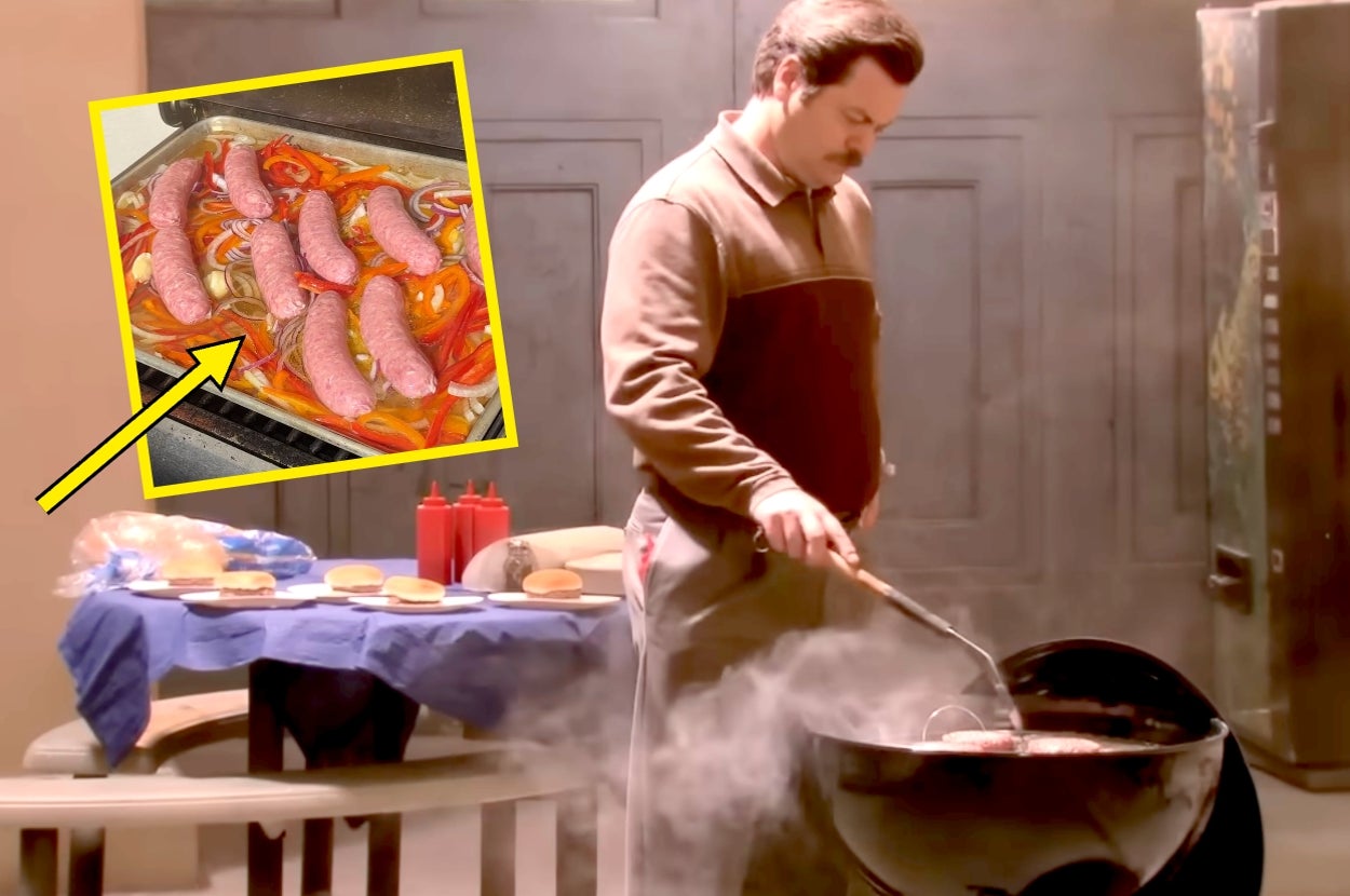 Ron Swanson grilling burgers next to a picnic table with buns and condiments in a scene from Parks and Rec, inset shows raw sausages with vegetables pre-grilling