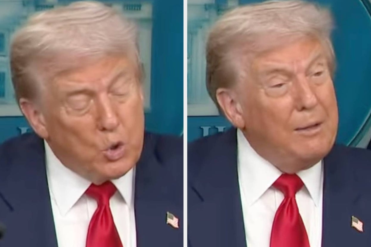 Man in a suit and red tie speaks at a podium. Two side-by-side images show different facial expressions during a press briefing