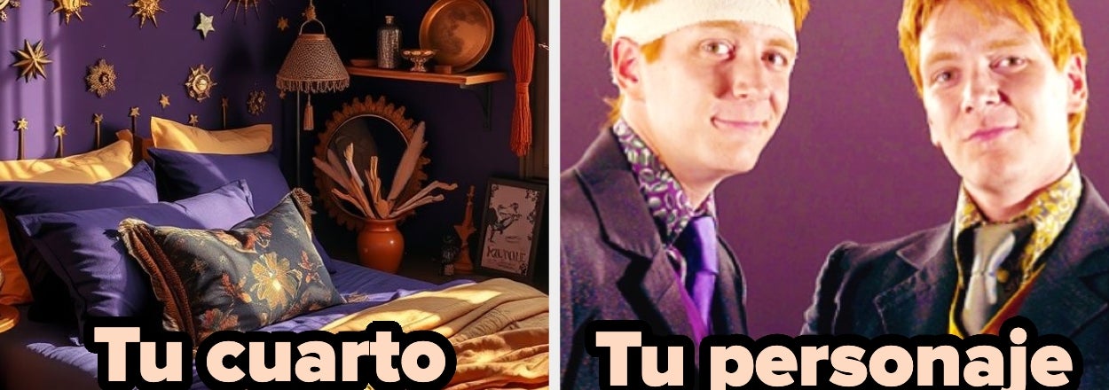 Habitación con decoración mágica junto a dos personajes en traje formal con fondo similar. Texto: "Tu cuarto", "Tu personaje"
