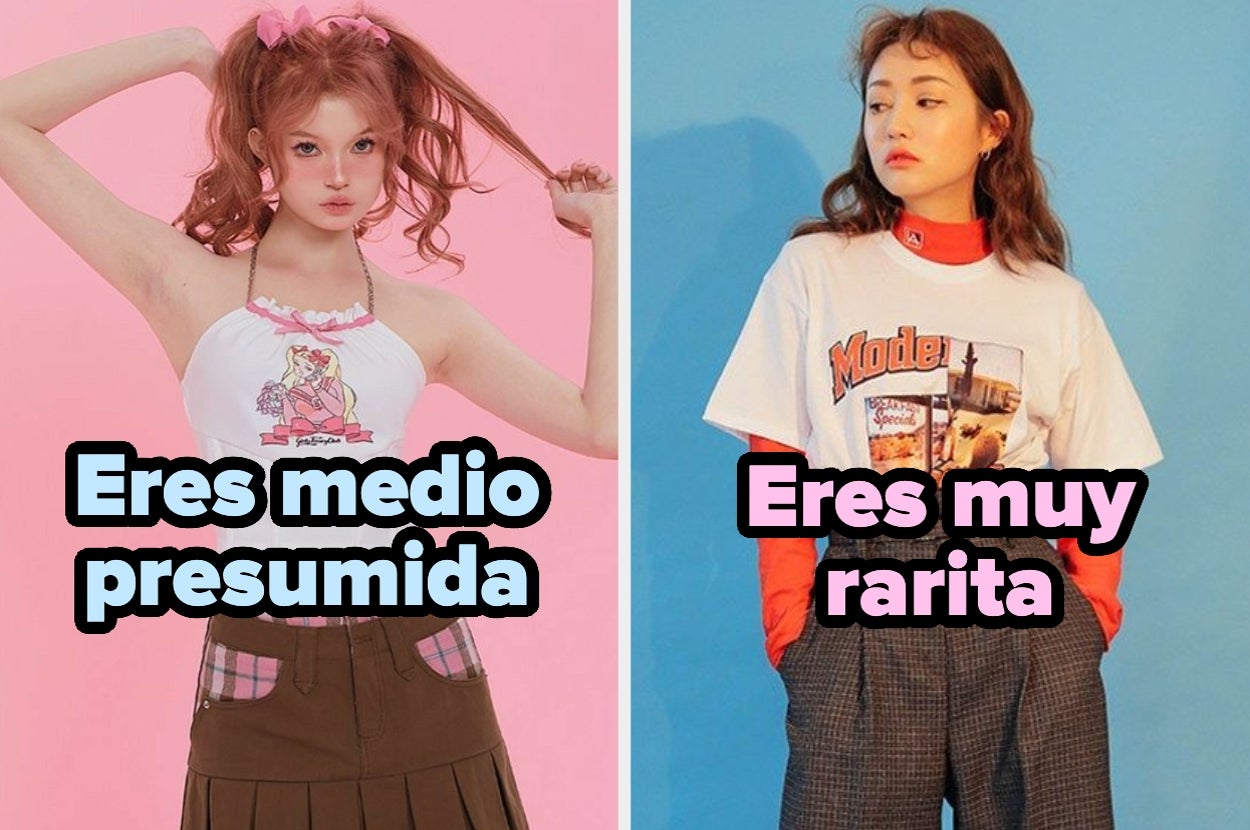 Dos imágenes de chicas. Izquierda: chica con camiseta gráfica y falda marrón, texto "Eres medio presumida". Derecha: chica con camiseta y pantalones, texto "Eres muy rarita"