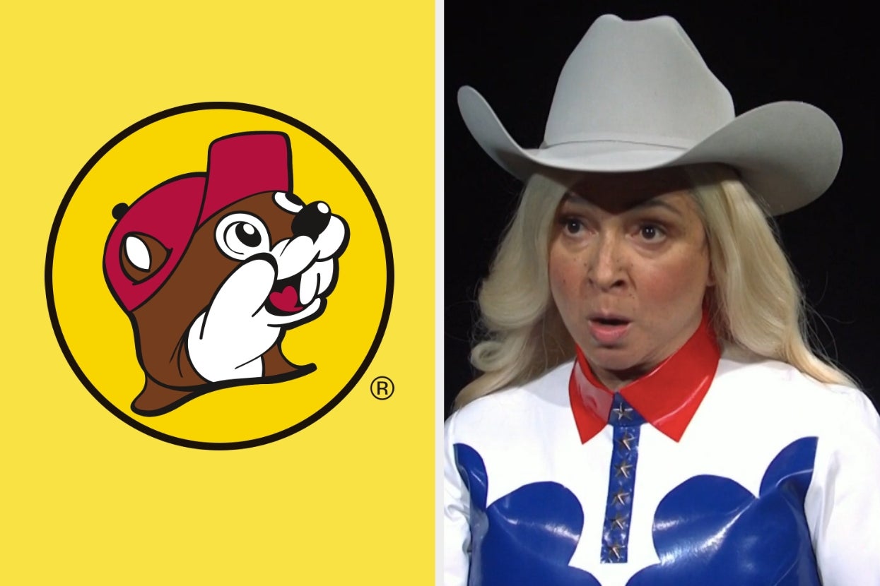 Left: Illustration of a cartoon beaver wearing a red cap inside a circle. Right: Woman in a cowboy hat and patterned outfit with a surprised expression