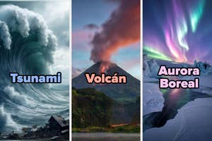 Tsunami, volcán en erupción y aurora boreal, cada uno con texto descriptivo superpuesto en imágenes separadas