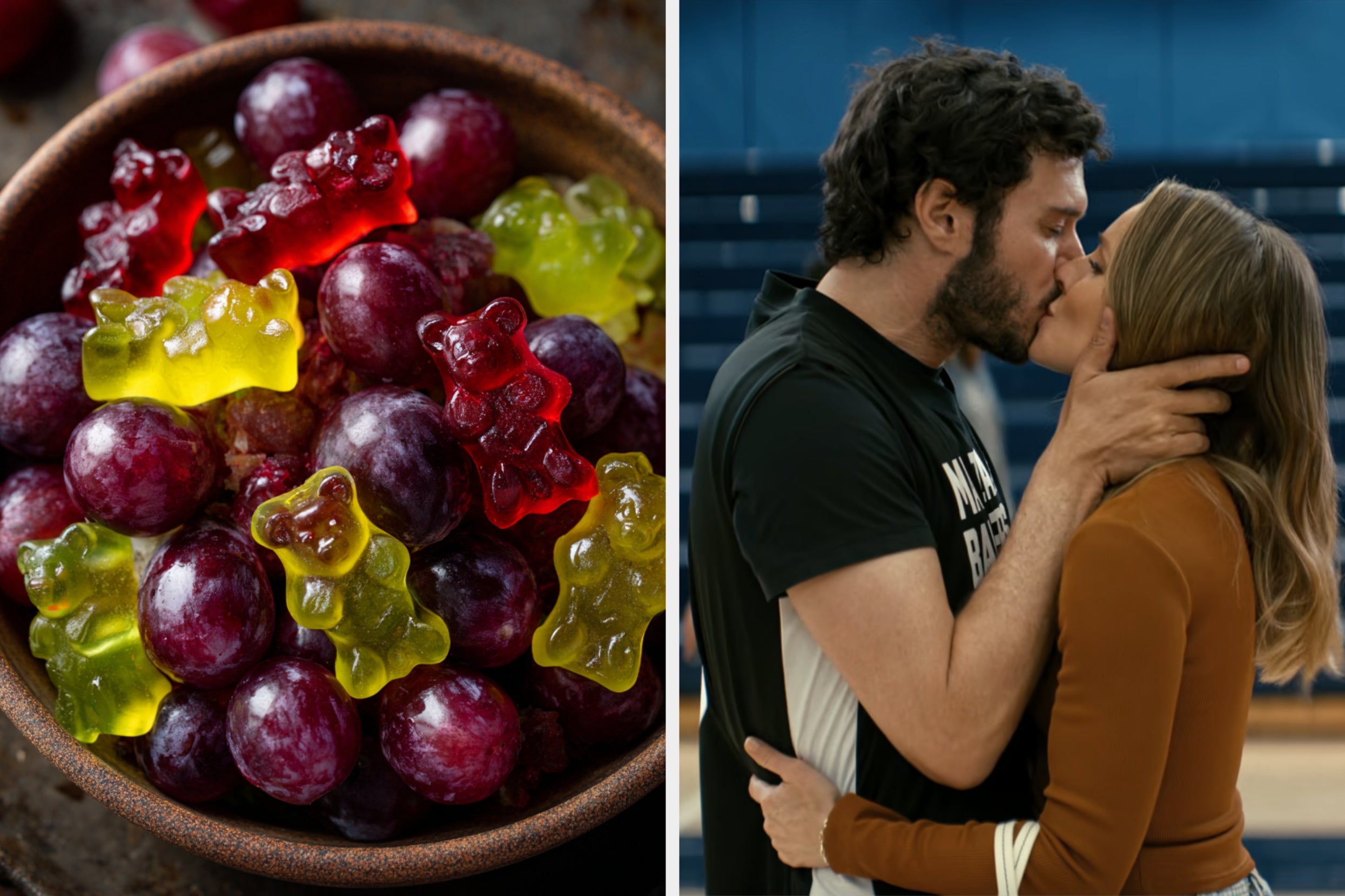 On the left, a bowl of grapes and gummy bears, and on the right, Adam Brody and Kristen Bell kissing as Noah and Joanne on Nobody Wants This