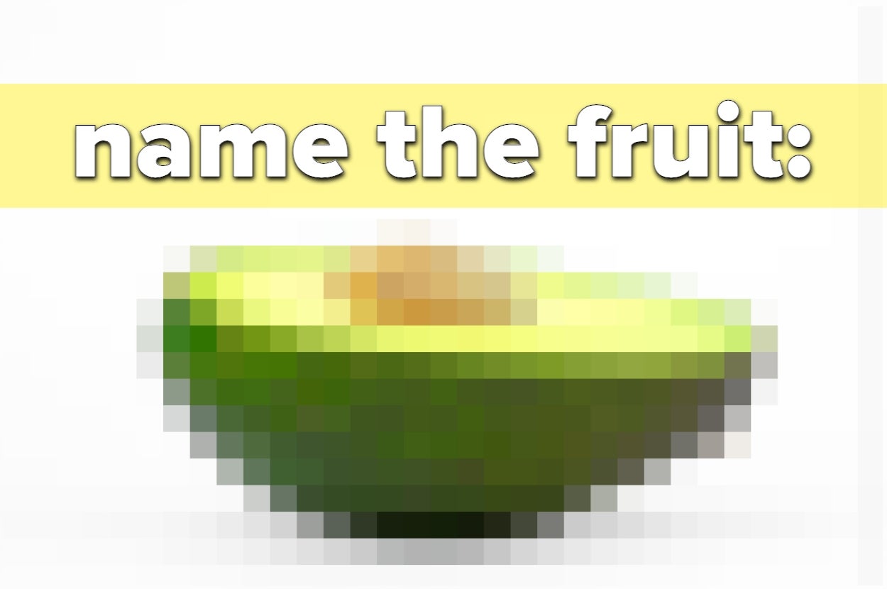 Image of a pixelated avocado with the text "name the fruit:" above it