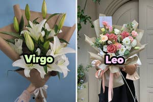 Two bouquets: left has white lilies labeled "Virgo," right has mixed flowers with pink roses labeled "Leo."